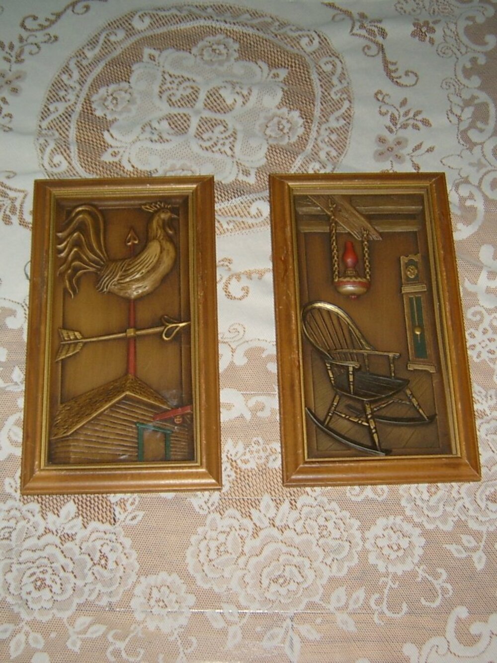 Pair Vintage Turner Wall Accessories 3D Colonial Scene, Rooster & Rocker